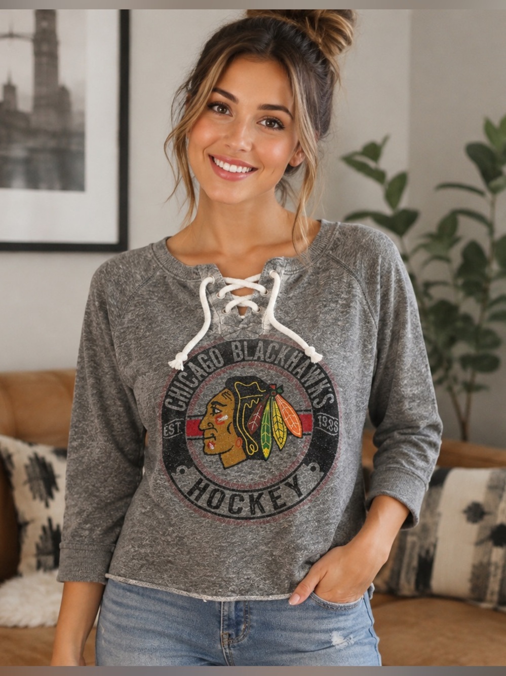 Knights Apparel Gray Lace-Up Chicago Blackhawks Hockey Jersey, Official NHL